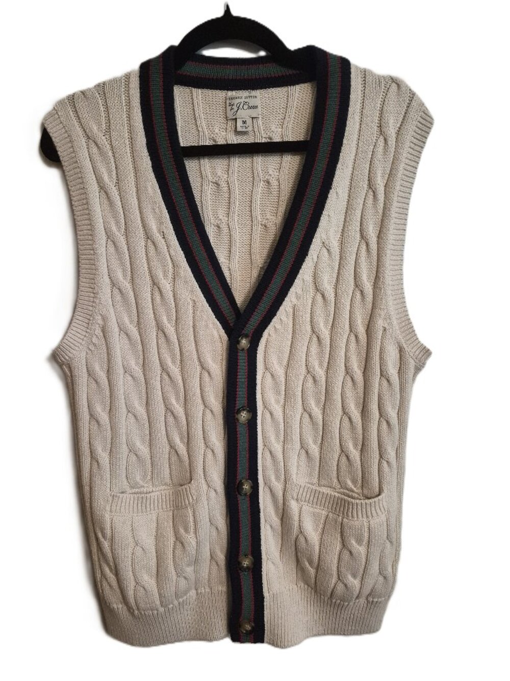 J Crew Organic Cotton Grandpa Core Cable Knit V-Neck Cardigan Vest